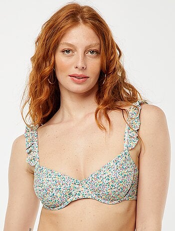 Sujetador de bikini de flores con tirantes con volantes