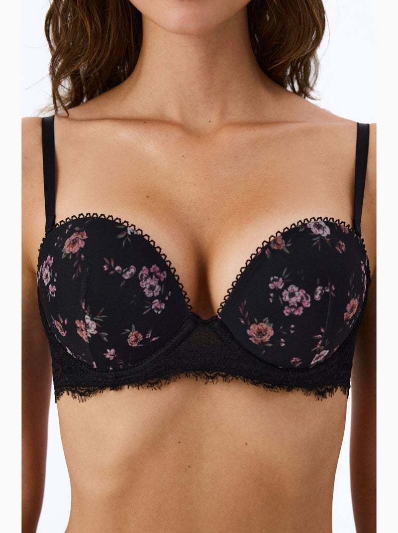 Sujetador push-up acolchado con estampado de corazones y flores penti Negro - Kiabi