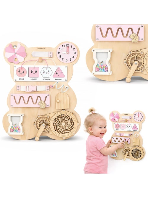 Tabla de actividades madera oso rosa montessori teddy board mamabrum - Kiabi