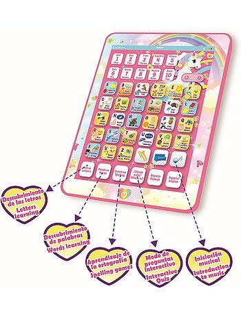 Tableta educativa parlante bilingüe Unicornio para aprender letras y números en inglés y español