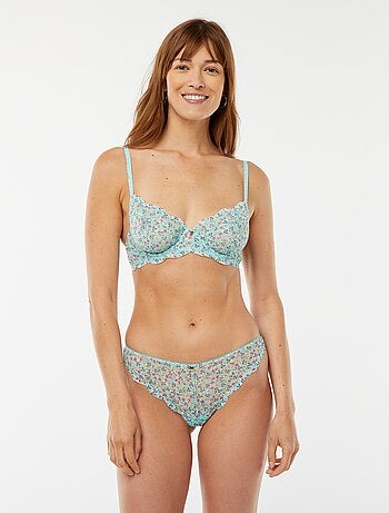 Tanga de encaje con estampado floral tricolor