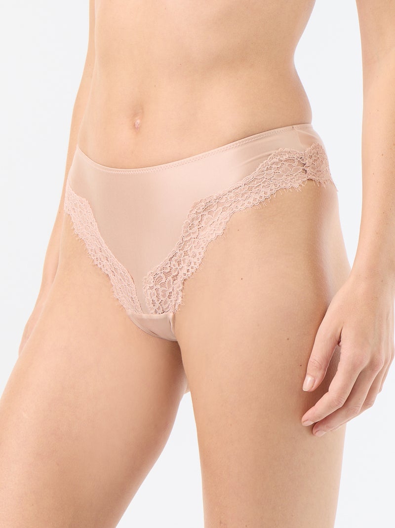 Tanga de microfibra satinada y encaje Rosa - Kiabi