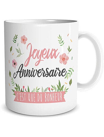Taza de cumpleaños de cerámica estampada con flores y mensaje de felicidad