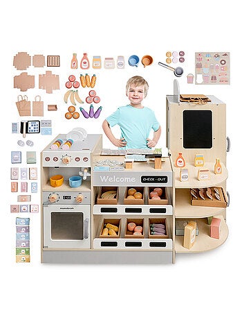 Tienda de madera infantil de esquina con fast food, cafetera, horno y 106 accesorios