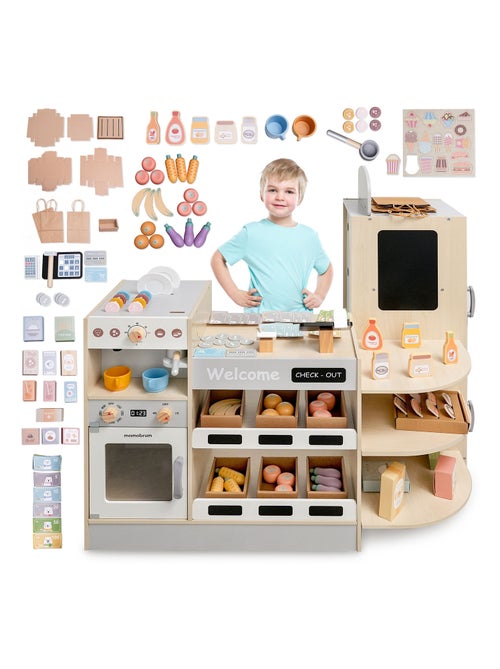 Tienda de madera infantil de esquina con fast food, cafetera, horno y 106 accesorios - Kiabi Tienda de madera infantil de esquina con fast food, cafetera, horno y 106 accesorios - Kiabi