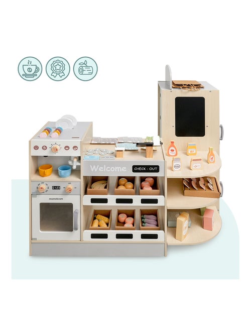 Tienda de madera infantil de esquina con fast food, cafetera, horno y 106 accesorios - Kiabi Tienda de madera infantil de esquina con fast food, cafetera, horno y 106 accesorios - Kiabi