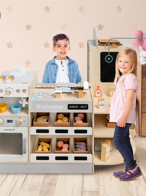 Tienda de madera infantil de esquina con fast food, cafetera, horno y 106 accesorios - Kiabi Tienda de madera infantil de esquina con fast food, cafetera, horno y 106 accesorios - Kiabi