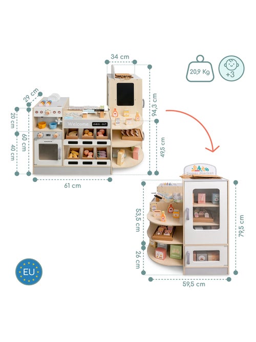 Tienda de madera infantil de esquina con fast food, cafetera, horno y 106 accesorios - Kiabi Tienda de madera infantil de esquina con fast food, cafetera, horno y 106 accesorios - Kiabi