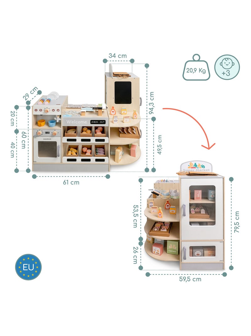 Tienda de madera infantil de esquina con fast food, cafetera, horno y 106 accesorios N/D - Kiabi