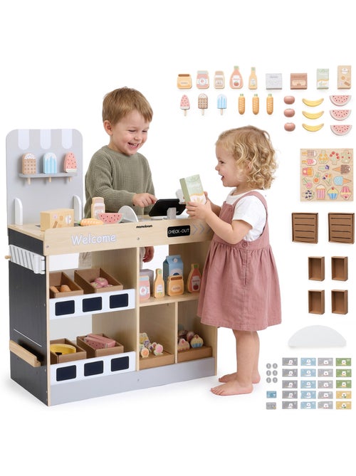 Tiendita de juguete madera niños caja registradora 60 accesorios mamabrum - Kiabi Tiendita de juguete madera niños caja registradora 60 accesorios mamabrum - Kiabi