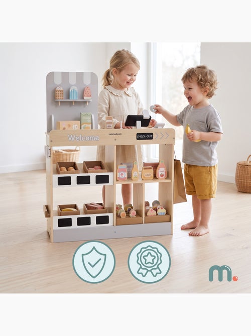 Tiendita de juguete madera niños caja registradora 60 accesorios mamabrum - Kiabi Tiendita de juguete madera niños caja registradora 60 accesorios mamabrum - Kiabi