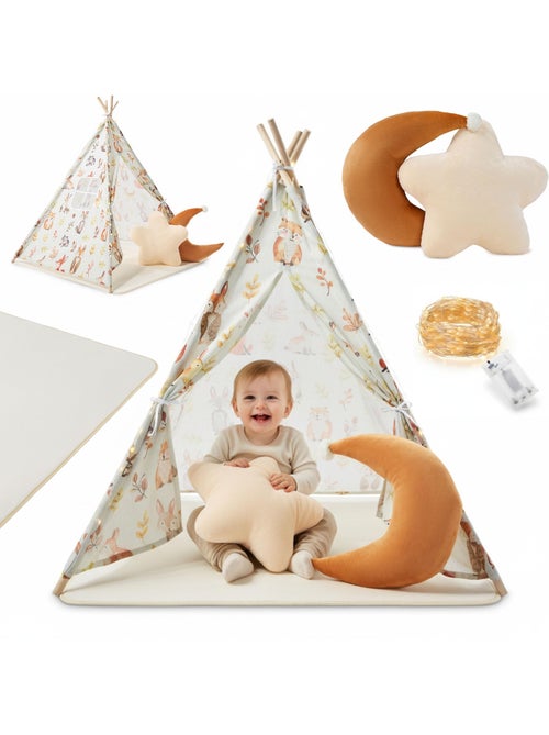 Tipi infantil de juegos mamabrum – beige y verde oliva con cojines, alfombra y guirnalda led - Kiabi