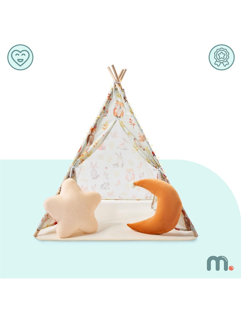 Tipi infantil de juegos mamabrum – beige y verde oliva con cojines, alfombra y guirnalda led Beige - Kiabi