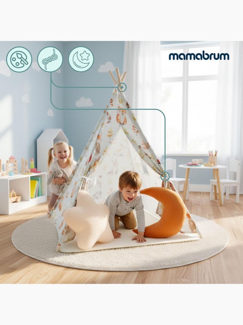 Tipi infantil de juegos mamabrum – beige y verde oliva con cojines, alfombra y guirnalda led - Kiabi