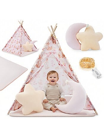 Tipi infantil de juegos mamabrum – con cojines, alfombra y guirnalda led