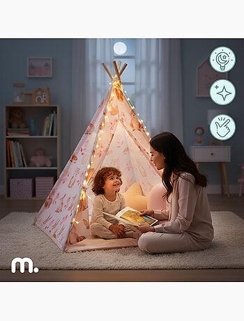 Tipi infantil de juegos mamabrum – con cojines, alfombra y guirnalda led