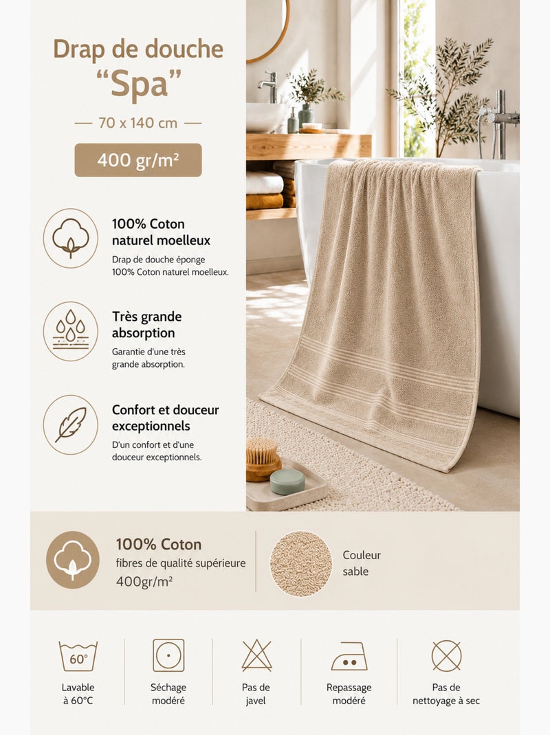 Toalla de ducha spa 100% algodón 400 gr/m² Arena - Kiabi
