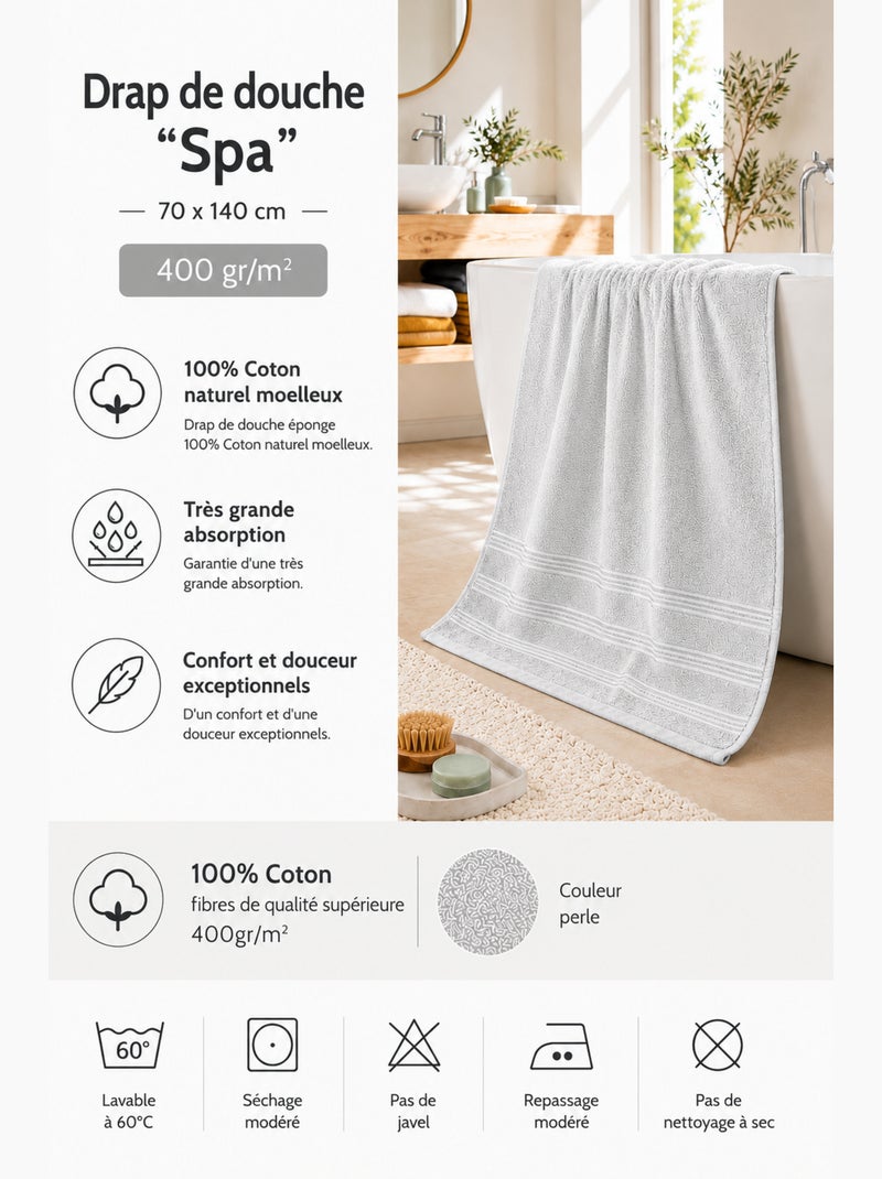 Toalla de ducha spa 100% algodón 400 gr/m² Gris claro - Kiabi