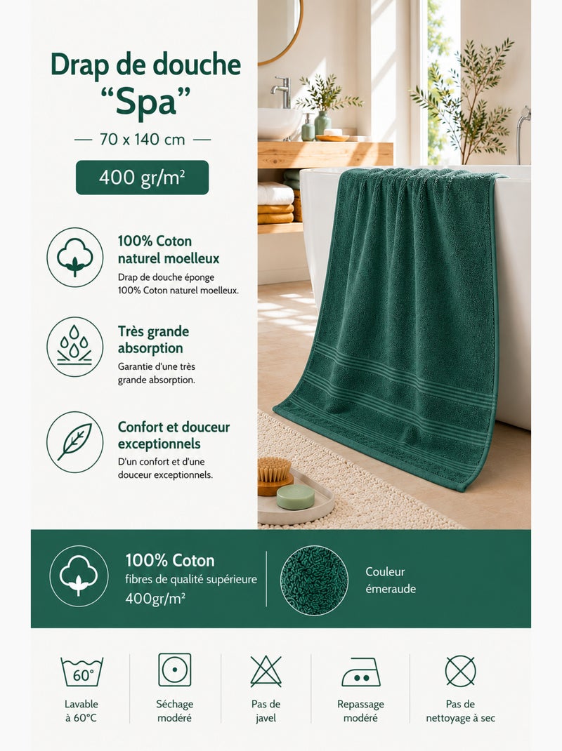 Toalla de ducha spa 100% algodón 400 gr/m² Verde esmeralda - Kiabi