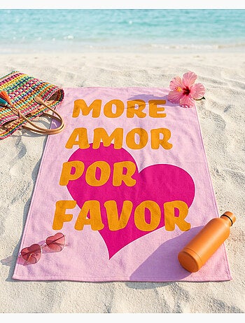 Toalla de Playa 100x180 cm 100% Poliéster | More Amor Por Favor Rosa Fucsia Naranja Corazón XL | Sec
