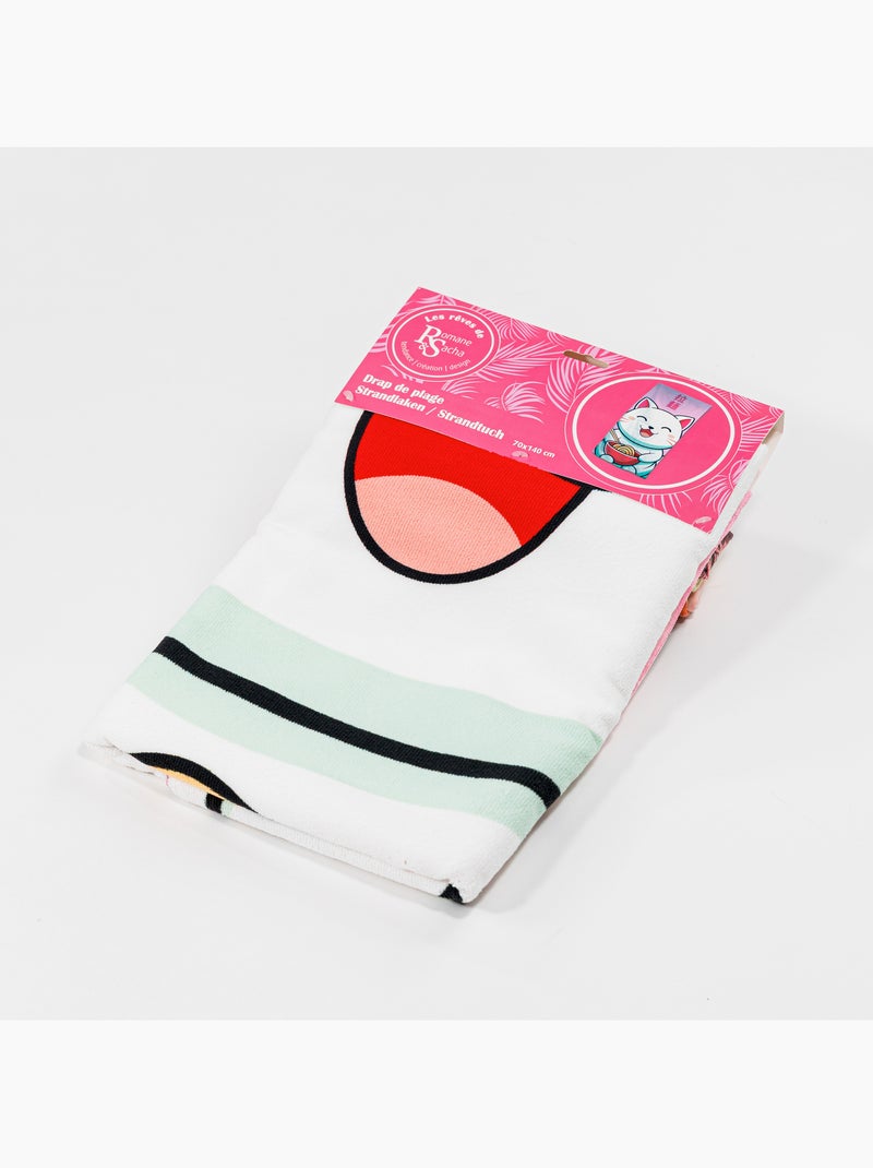 Toalla de Playa 70x140 cm 100% Poliéster | Gato Kawaii Ramen Bol Rojo Kanji Japonés Rosa | Secado Rá Beige/Rosa - Kiabi