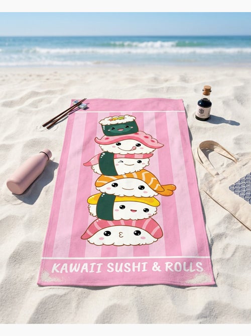 Toalla de Playa 70x140 cm 100% Poliéster | Kawaii Sushi & Rolls Apilados Rosa Rayas Japonés - Kiabi Toalla de Playa 70x140 cm 100% Poliéster | Kawaii Sushi & Rolls Apilados Rosa Rayas Japonés - Kiabi