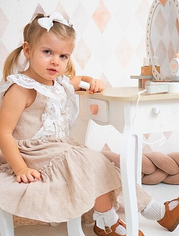 Tocador infantil de madera con espejo, taburete y accesorios de belleza +3 años