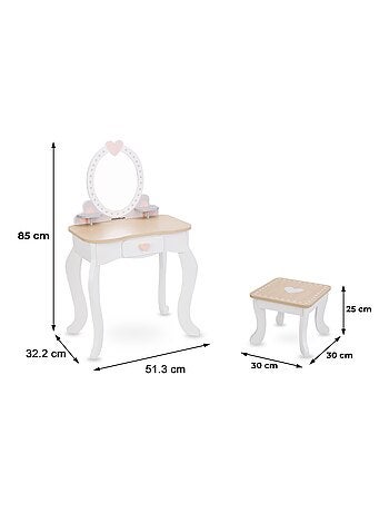 Tocador infantil de madera con espejo, taburete y accesorios de belleza +3 años