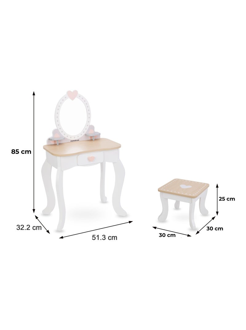Tocador infantil de madera con espejo, taburete y accesorios de belleza +3 años Blanco Beige - Kiabi