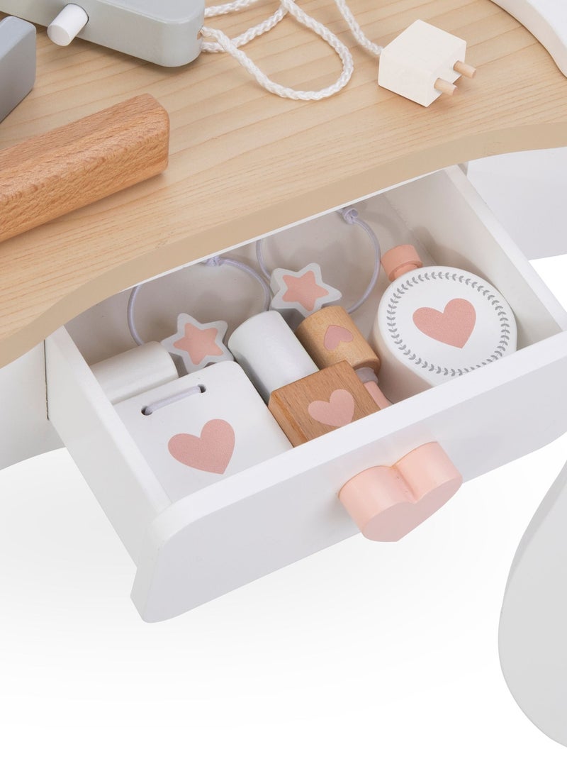 Tocador infantil de madera con espejo, taburete y accesorios de belleza +3 años Blanco Beige - Kiabi