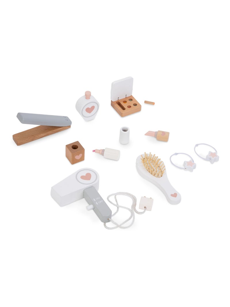 Tocador infantil de madera con espejo, taburete y accesorios de belleza +3 años Blanco Beige - Kiabi