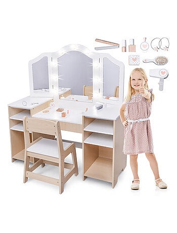 Tocador infantil de madera con silla, accesorios y luces LED MAMABRUM