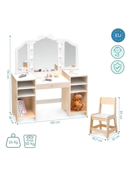 Tocador infantil de madera con silla, accesorios y luces LED MAMABRUM - Kiabi Tocador infantil de madera con silla, accesorios y luces LED MAMABRUM - Kiabi