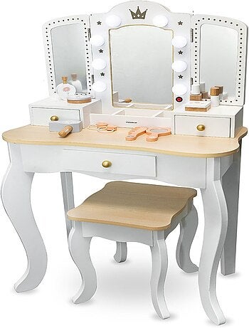 Tocador infantil XXL de madera con espejo LED, taburete y accesorios
