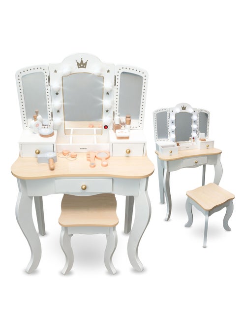 Tocador infantil XXL de madera con espejo LED, taburete y accesorios - Kiabi Tocador infantil XXL de madera con espejo LED, taburete y accesorios - Kiabi