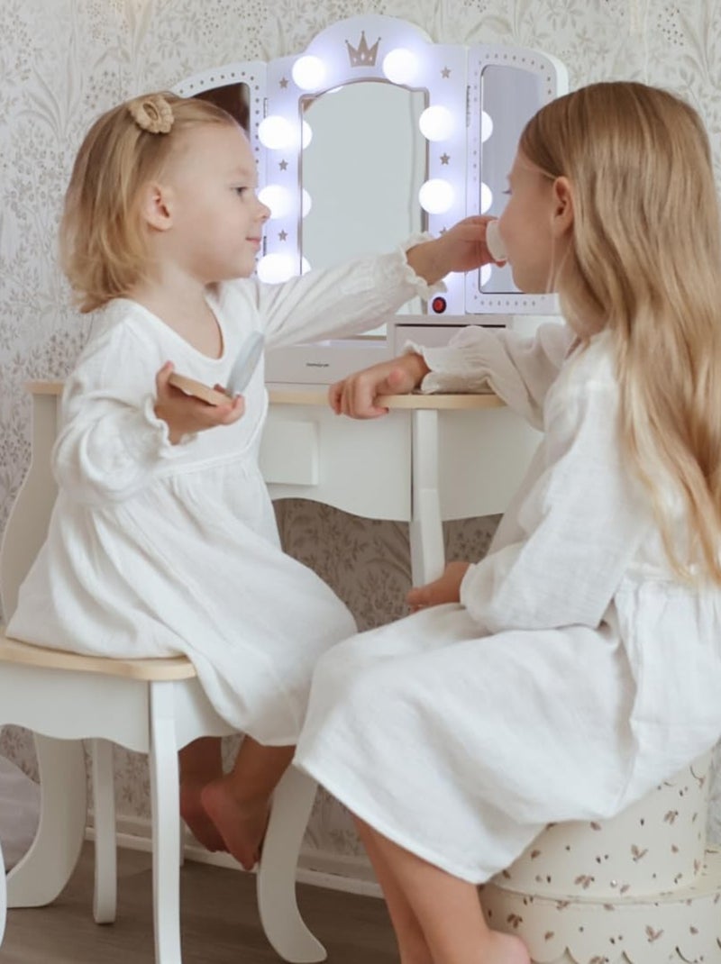 Tocador infantil XXL de madera con espejo LED, taburete y accesorios N/D - Kiabi