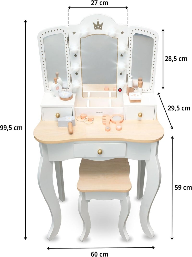 Tocador infantil XXL de madera con espejo LED, taburete y accesorios N/D - Kiabi