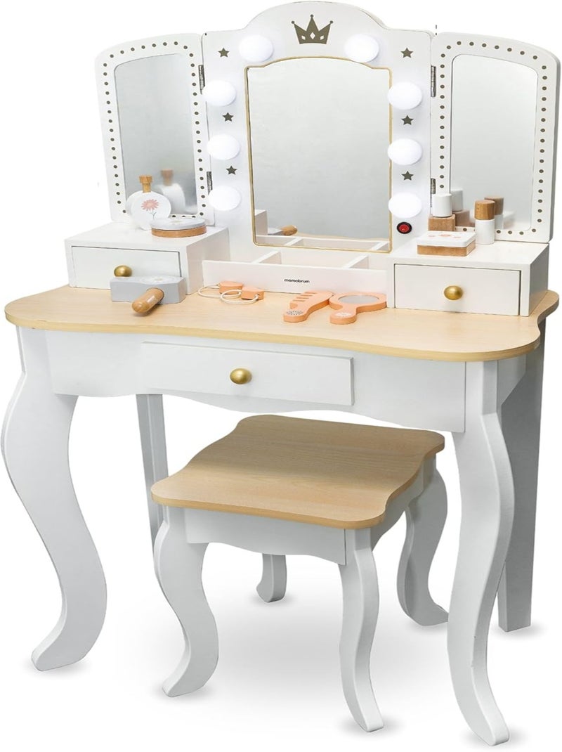 Tocador infantil XXL de madera con espejo LED, taburete y accesorios N/D - Kiabi