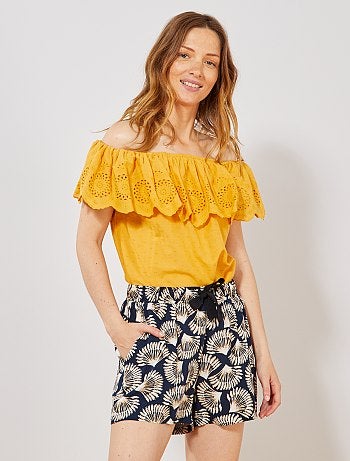 Top bardot de plumeti con bordado inglés - Kiabi