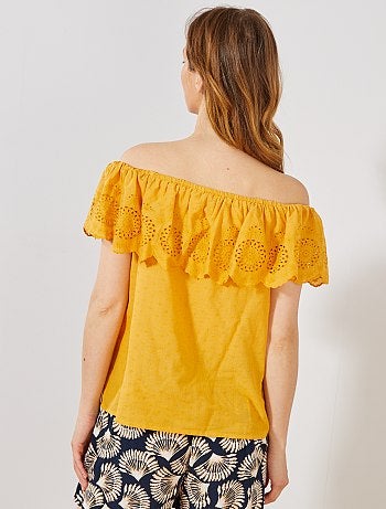 Top bardot de plumeti con bordado inglés - Kiabi