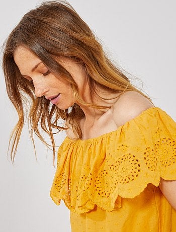 Top bardot de plumeti con bordado inglés - Kiabi