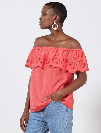 Top bardot de plumeti con bordado inglés - Kiabi