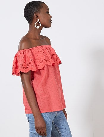 Top bardot de plumeti con bordado inglés - Kiabi