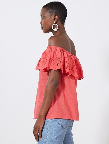 Top bardot de plumeti con bordado inglés - Kiabi