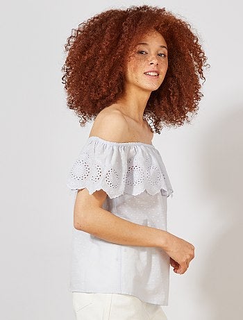 Top bardot de plumeti con bordado inglés - Kiabi