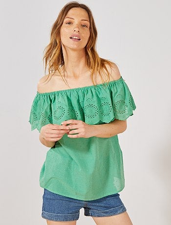 Top bardot de plumeti con bordado inglés - Kiabi