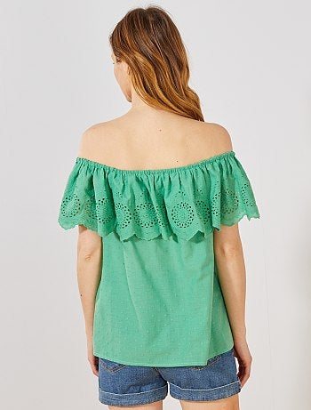 Top bardot de plumeti con bordado inglés - Kiabi