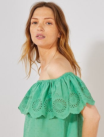 Top bardot de plumeti con bordado inglés - Kiabi