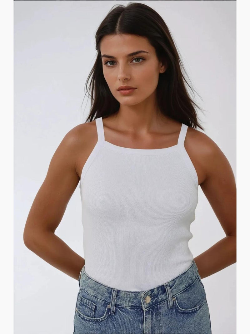 Top básico ajustado con cuello halter hiccup Blanco - Kiabi