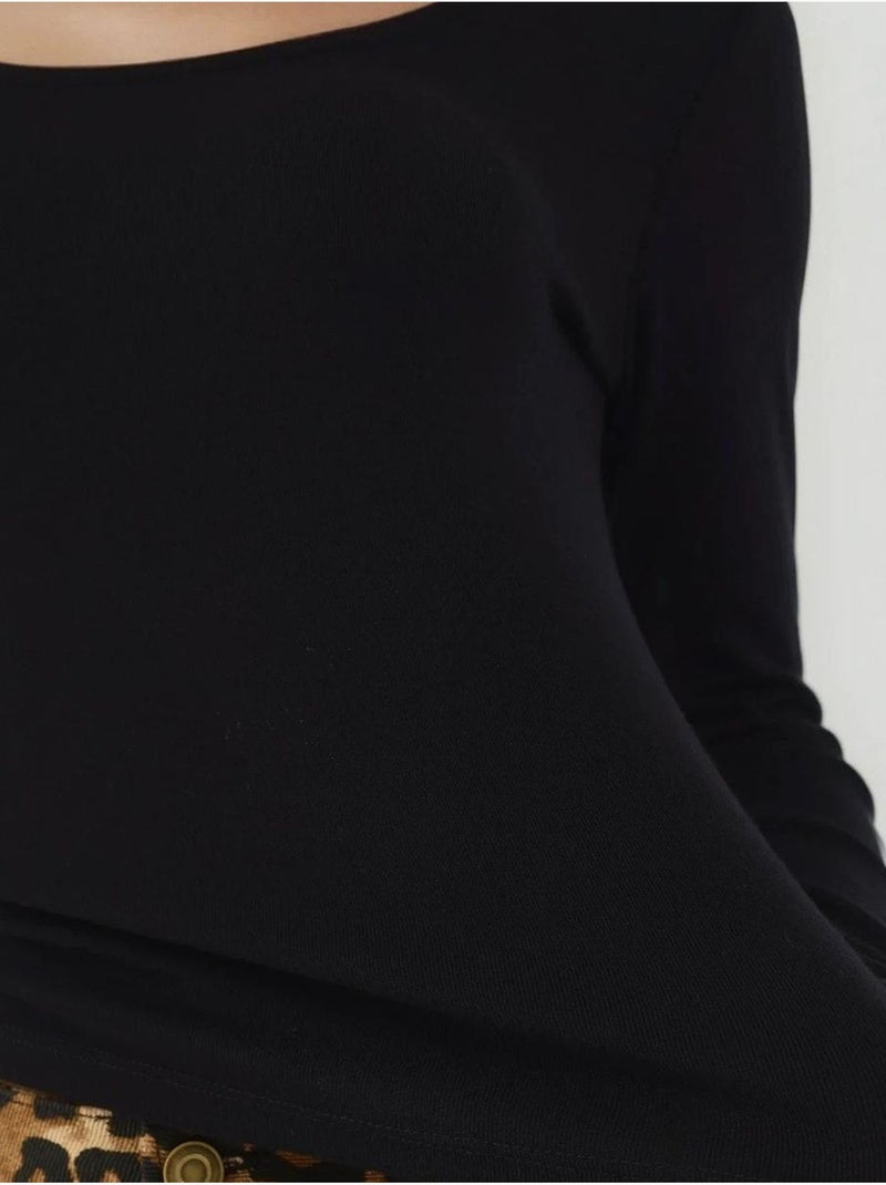 Top básico de punto con cuello en u y manga larga hiccup Negro - Kiabi